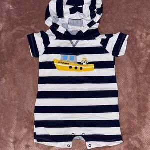 Navy & White Striped Hooded Baby Romper with Yellow Boat Applique